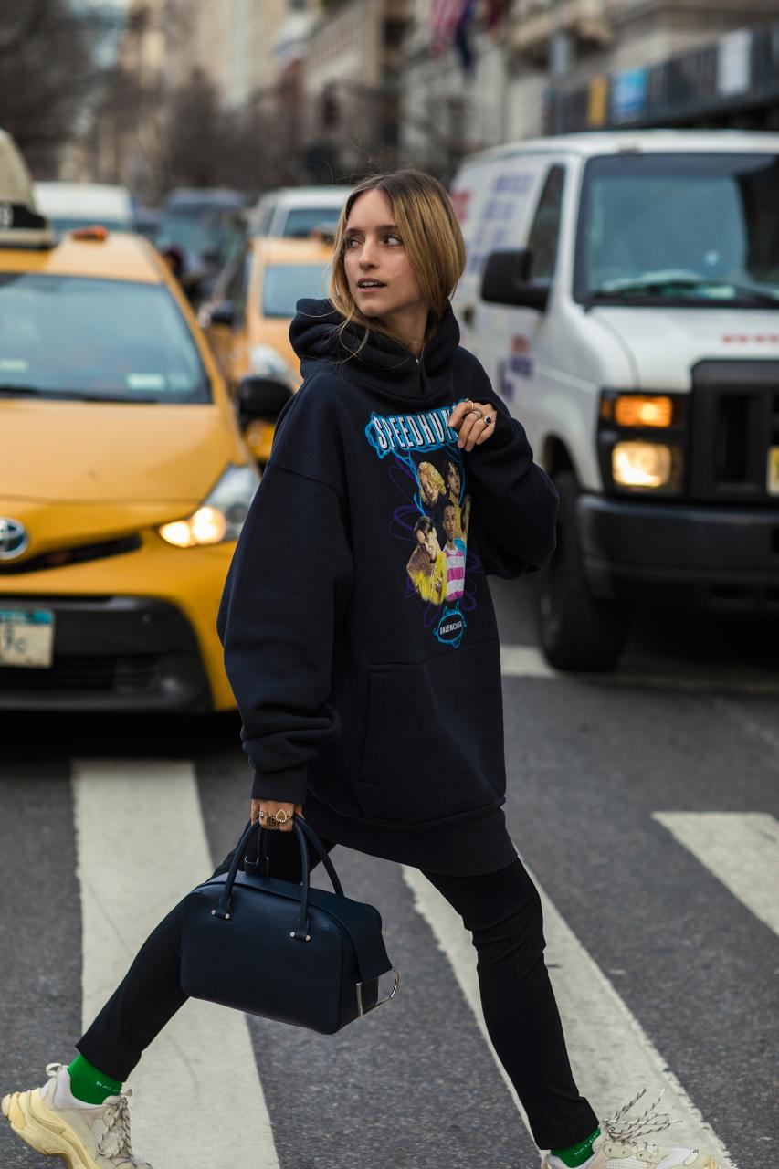 Charlotte Groeneveld in New York wearing Balenciaga and a Delvaux bag
