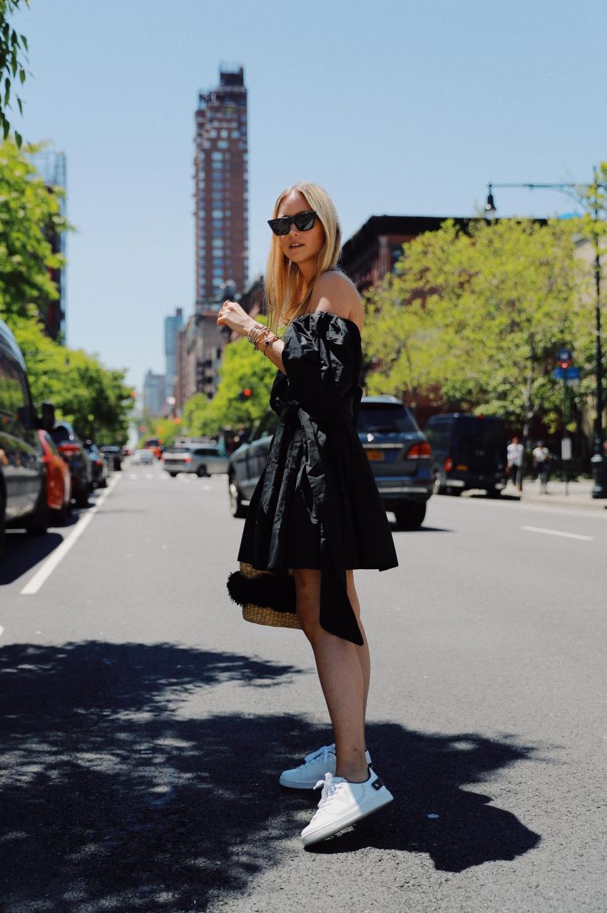 Valentino mini-dress and sneakers worn by Charlotte Groeneveld from Thefashionguitar