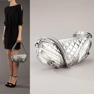 New Burberry Silver Quilted Nova Check and Leather Half Moon Bag